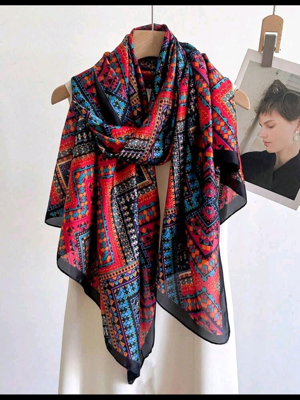 Vibrant Multicolor Geometric Silk-Feel Scarf - Women Accessories